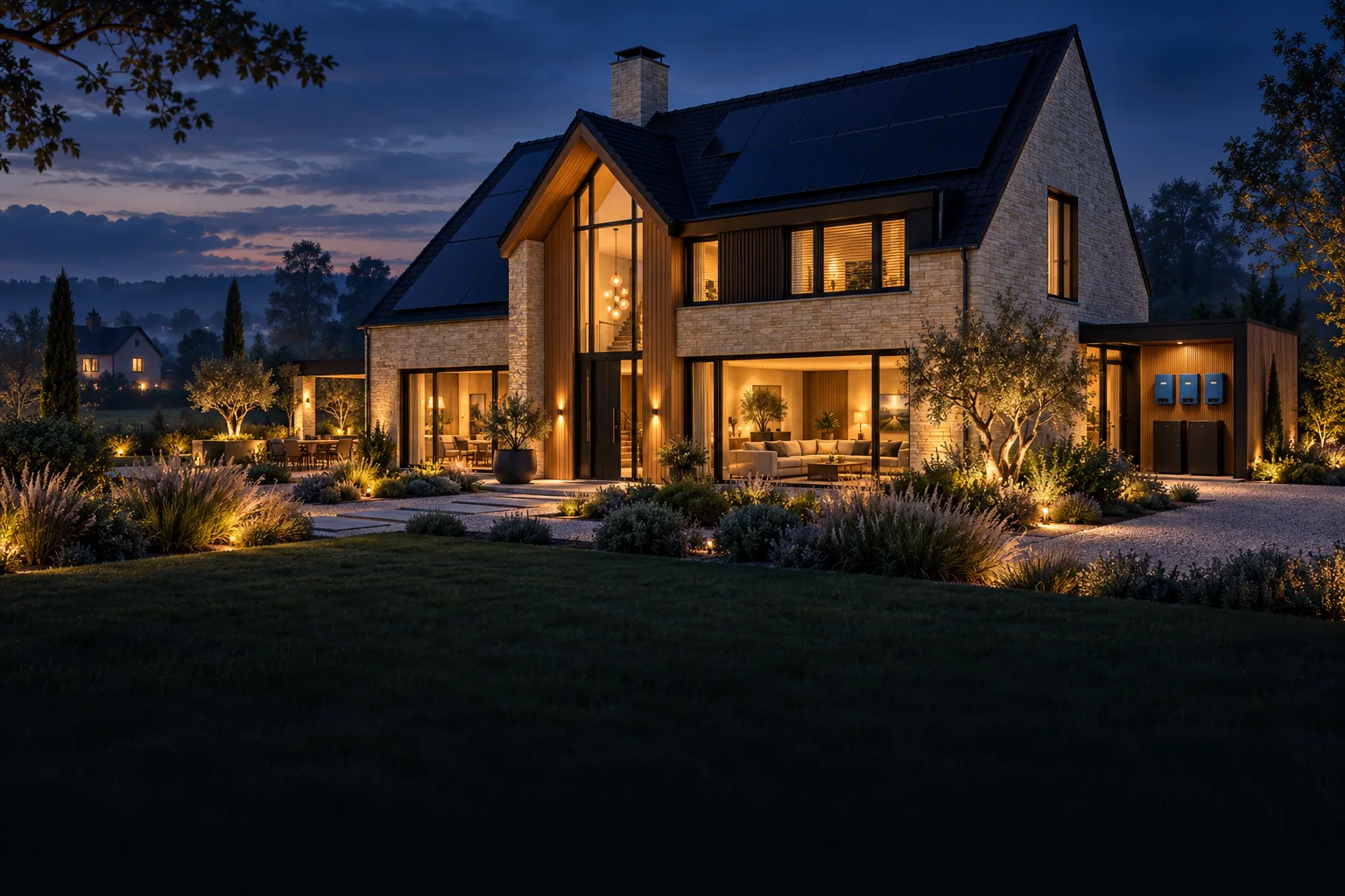 AI-sfeerbeeld van een warm verlichte villa met zonnepanelen en energieopslag