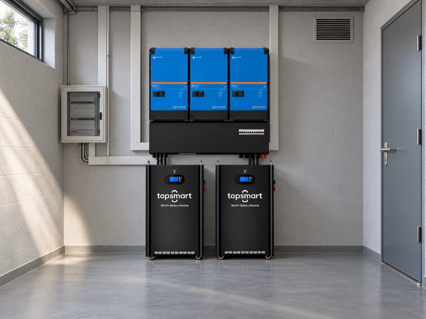 AI-sfeerbeeld: drie blauwe Victron-omvormers en twee zwarte accumodules in een aparte technische ruimte