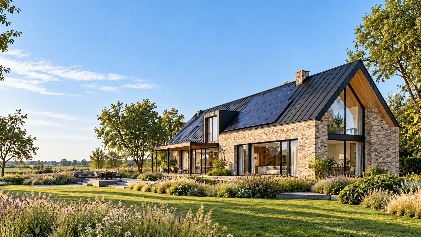 AI-sfeerbeeld van een moderne woning met zonnepanelen bij daglicht