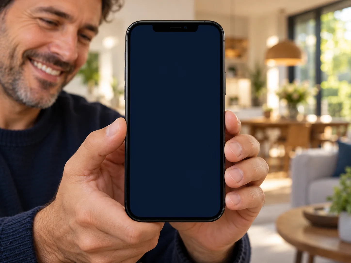 AI-sfeerbeeld van een glimlachende man die een telefoon vasthoudt met een illustratief energiedashboard
