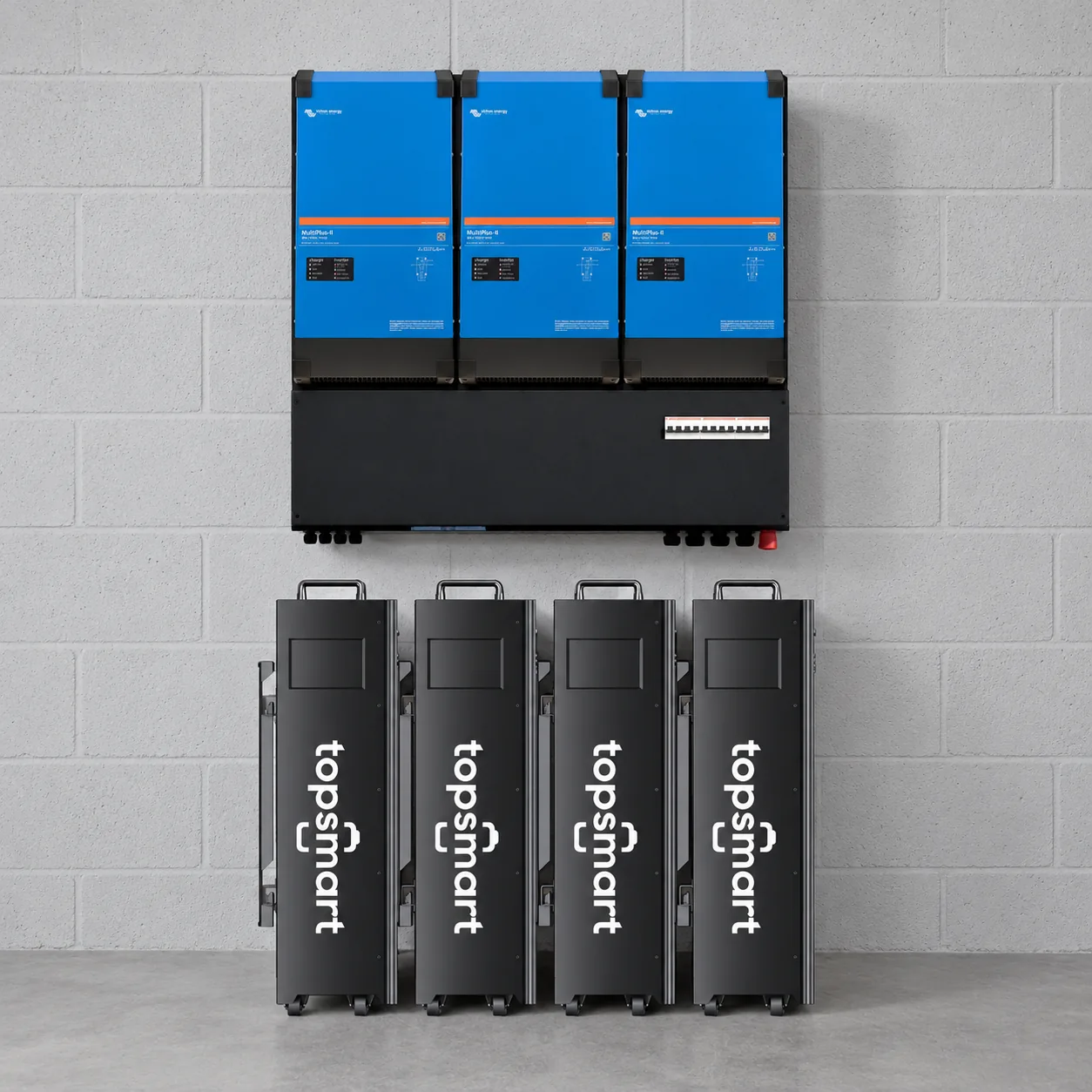 VoltKluis 64: drie Victron MultiPlus-II omvormers en 4 accumodules, samen 64 kWh