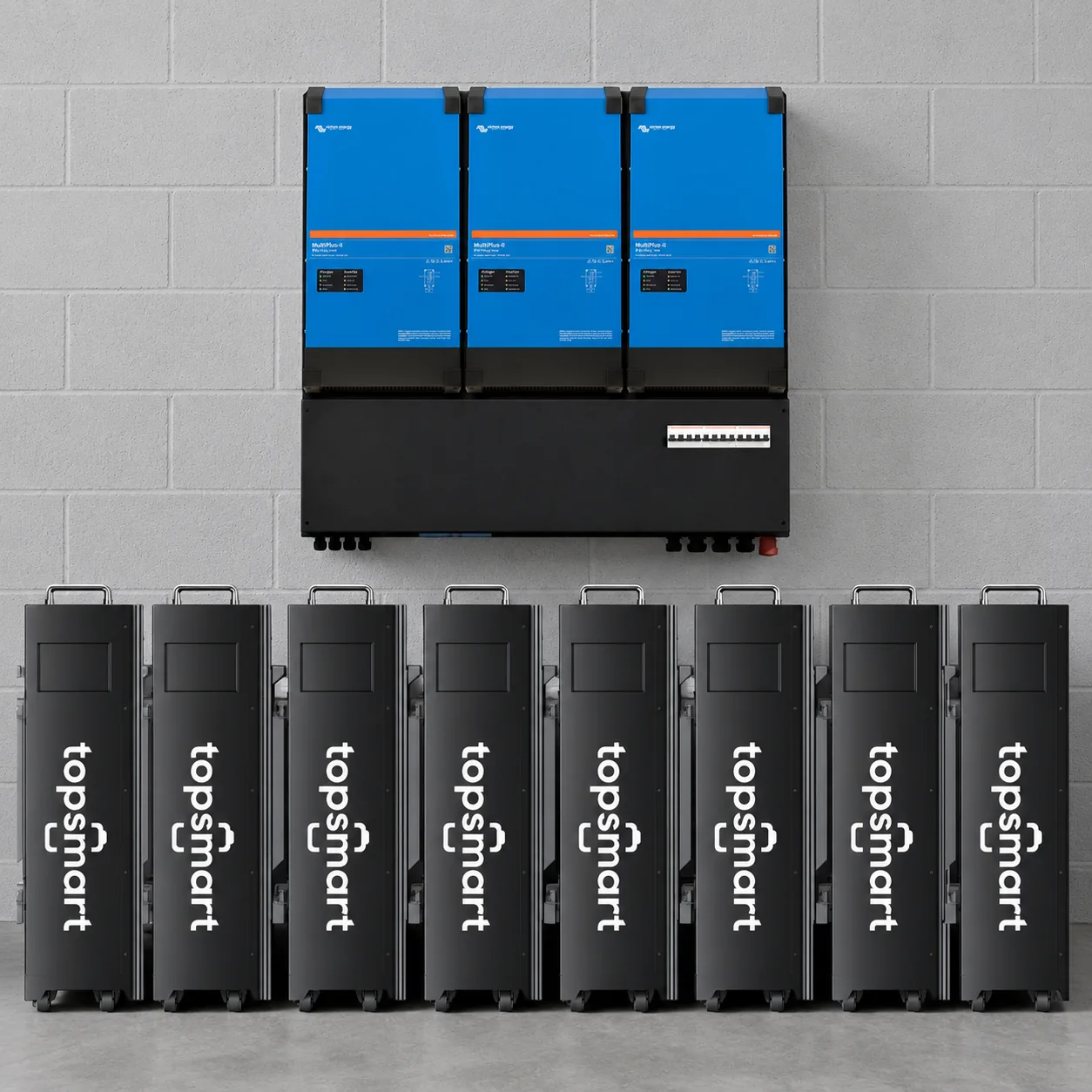 VoltKluis 128: drie Victron MultiPlus-II omvormers en 8 accumodules, samen 128 kWh